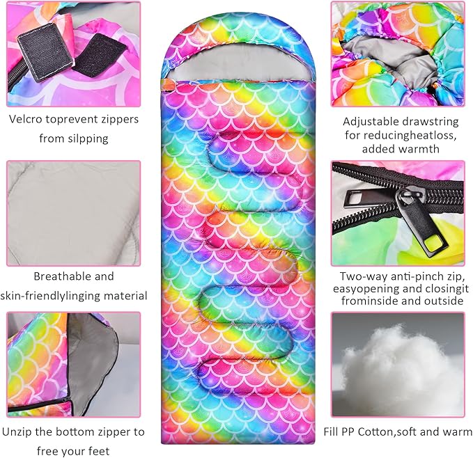 Sleeping Bag for Kids Girls Boys 3 Season Warm Lightweight Kids Sleeping Bag Waterproof Portable for Camping Outdoors Travel