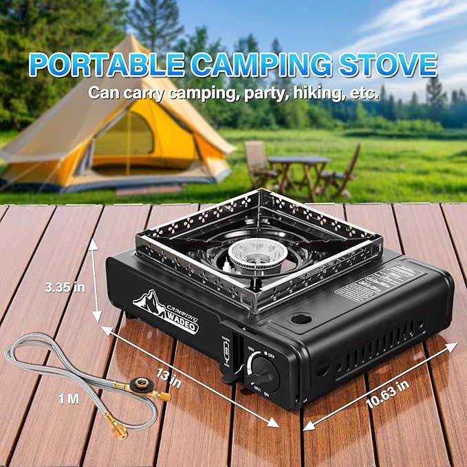 WADEO Three Fuel Portable Camping Stove with Windblocker 3 in 1 Propane Butane Isobutane Stove with Carrying Case and Stainless Steel Hose Adapters Gas Camp Stove for Cooking BBQ Travel RV Hiking
