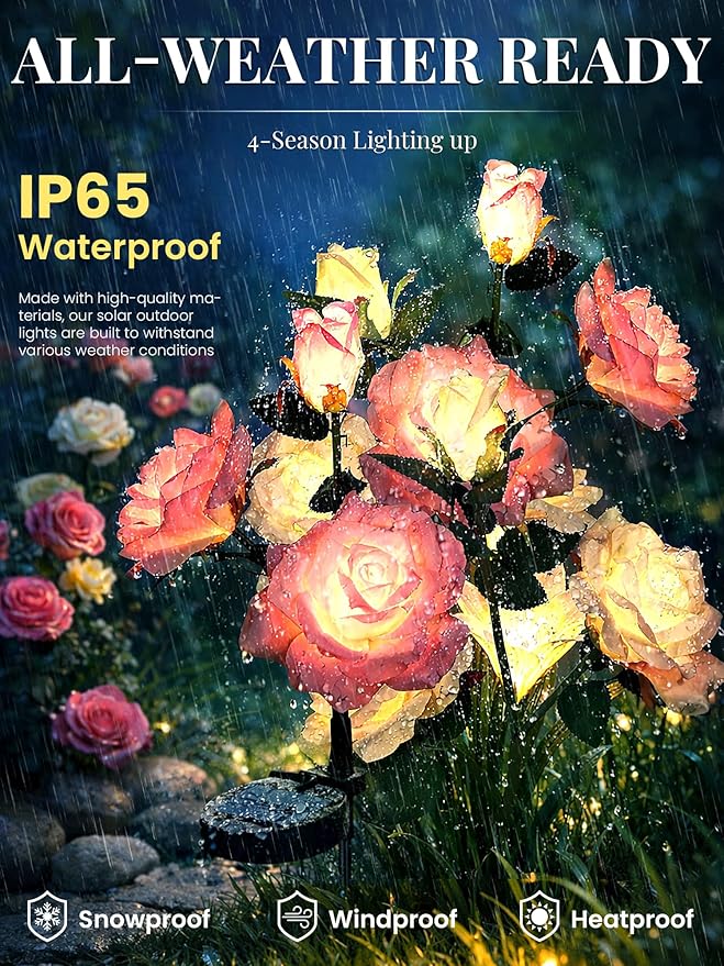 GIGALUMI Solar Lights Outdoor for Garden Decor 4 Pack Solar Flower Lights Waterproof 2 Lighting Modes 12 Roses for PathwayYard Patio Decoration Gardening Gifts for Women (Pink+Yellow)
