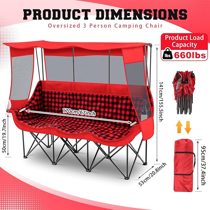 3 Person Camping Chair with Canopy Shade 700lbs Heavy Duty Oversized Beach Camping Chair with Thick Cushion Cup Holder and Carry Bag Foldable Portable Sofa for Lawn Beach Outdoor(Red Black)