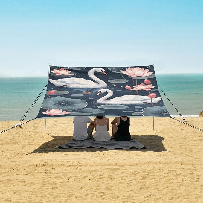 Japanese Swans Beach Tent Sun Shelter 9.2' x 10.5' Beach Canopy with 4 Sandbags 4 Stability Poles Sand Shovels - Tent Canopy for Beach Camping Fishing Picnics