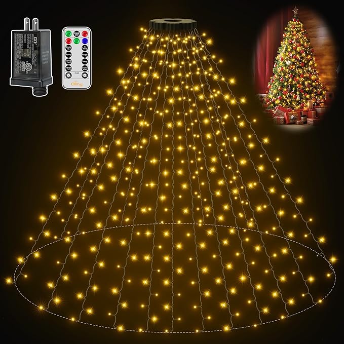 Ollny Christmas Tree Lights 8.2ft*16 Strings with Ring 8 Lighting Modes 3 Timers Dimmable Christmas Lights Indoor/Outdoor with Remote Waterproof for Xmas Decor (Warm White)