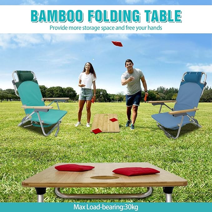 Folding Backpack Beach Chair for Adults &amp Teens Aluminum 5-Position Lay Flat Lounge Chair with Camping Bamboo Table 200LBS Beach Reclining Chair Outdoor with Cooler Bag Blue