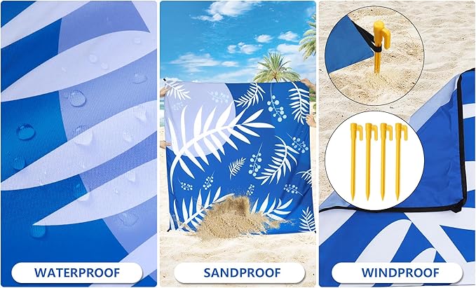 Beach Blanket Waterproof Sandproof Extra Large Beach Mat 79 X 83/120x108for 1-8 Adults Quick Drying Durable Outdoor Picnic Mat for Beach Travel Camping Hiking