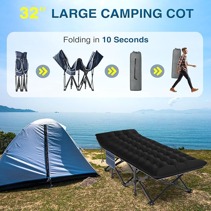 ZENPETIO Oversized XXL Folding Camping Cot Heavy Duty Sleeping Cot for Adults with Mattress and Pillow Portable Cot Bed with Carry Bag for Outdoor Camp Travel Home Guest Office 78x32x18