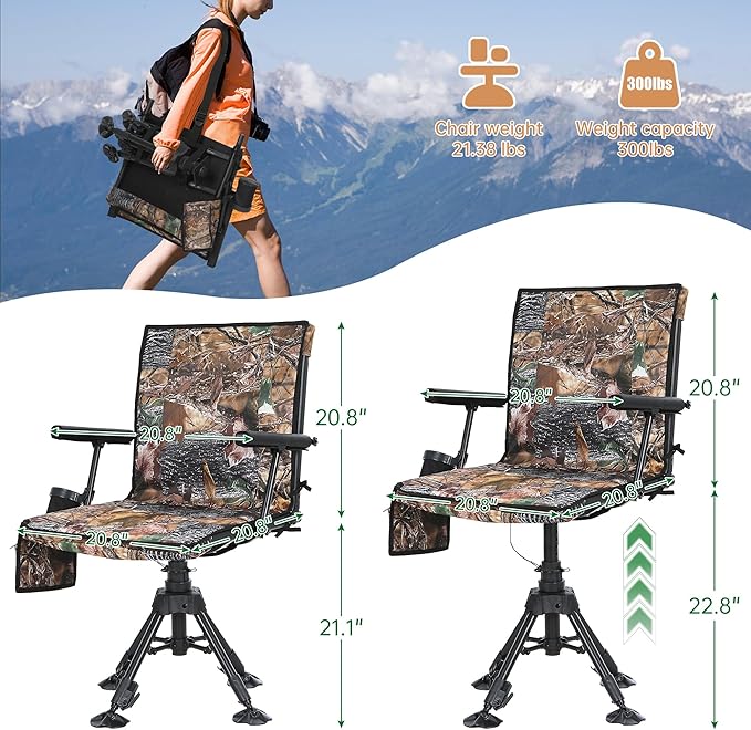 Heated Swivel Hunting Chair with Battery 360 Degree Slience Hunting Blind Chair with Armrest Cup Holder Camouflage Pattern for Deer Bird Hunting (Heated 1 Pack)