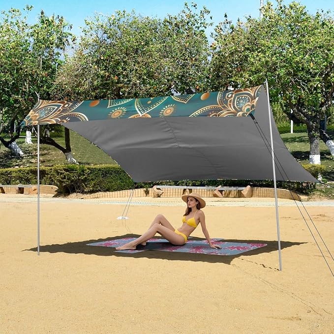 Turquoise Mandala Beach Tent Sun Shelter 9.2' x 10.5' Beach Canopy with 4 Sandbags 4 Stability Poles Sand Shovels - Tent Canopy for Beach Camping Fishing Picnics