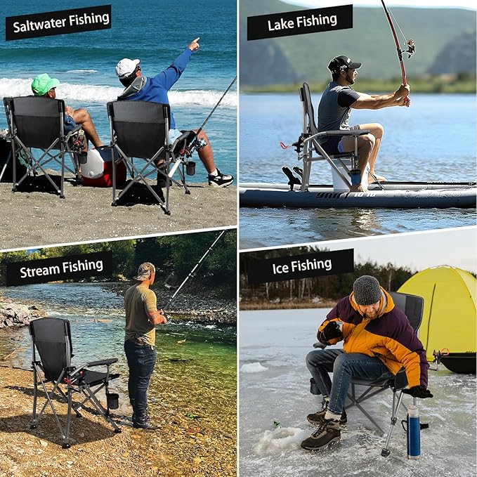 Fishing Chair with Upgraded 360° Adjustable Rod Holder Folding Ice Fishing Chairs for Adults Portable Camping Chair with Side Pocket Cup Holder for Outdoor Sports Garden Beach Lawn Picnic