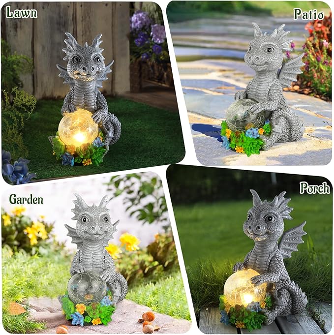 Solar Garden Outdoor Statues Dragon Holding Magic Orb with Solar LED Lights - Lawn Decor Outdoor Statue for Patio Balcony Yard OrnamentUnique Gifts for Mom Grandma