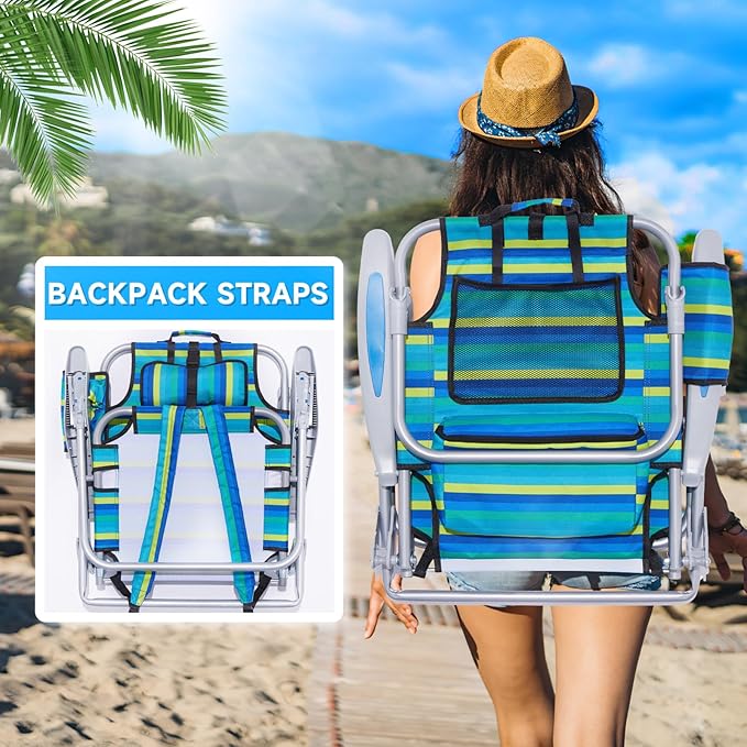 Portable Beach Chair for Adults Outdoor Camping Chair Lay Flat Folding Backpack Beach Reclining Chair with 5 Positions Headrest Cup Holder Heavy Ocean Striped