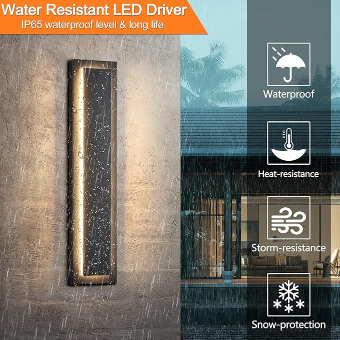 tewei 23.6 Inch Modern Outdoor Wall Sconce Long Black LED Exterior Lighting Fixtures Modern Large Outdoor Front Porch Lights Outside Wall Mount Lights for House Warm White 3000K 2 Pack