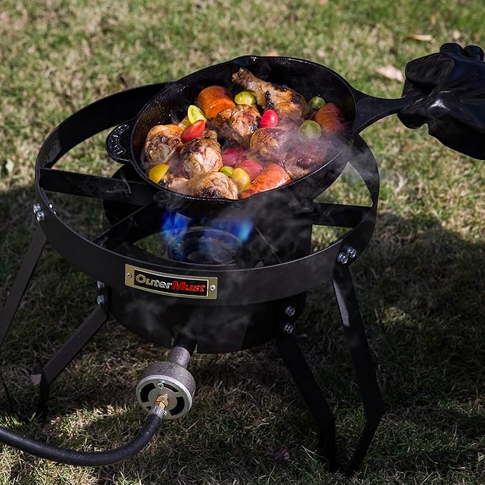 85000 BTU Camping Stove for Cast Iron Dutch OvenSingle Propane Burner with 10 PSI Regulator &amp Cast Iron Braided Holes Heavy Duty Round Gas Stove for Outdoor Cooking &amp Camping