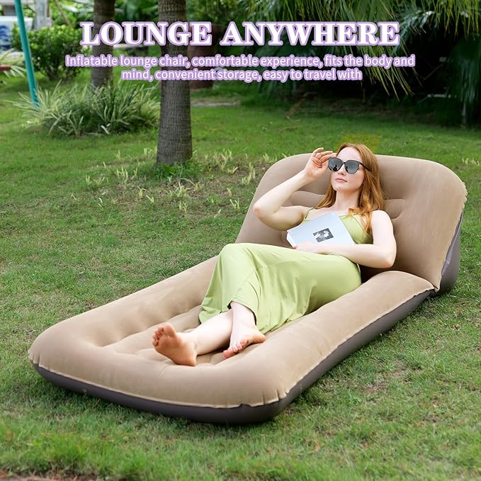Inflatable Camping Air Mattress with Adjustable Backrest Flocking Portable Recliner Air Sofa Bed Blow-Up Sleeping Pad Sofa for Outdoor Hiking Beach Tent Travel – Fast Inflation with Pump