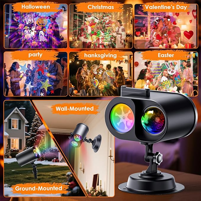 Holiday Projector Lights Outdoor 2-in-1 HD Moving Pattern Holiday Projector Lights with Remote Control (12 Slides 15 Colors) Three Fixing Methods IP65 Waterproof Atmosphere Decoration with Timer