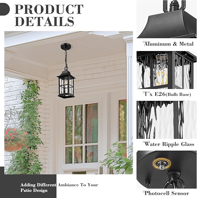 Emliviar Modern Outdoor Hanging Lantern with Dusk to Dawn Sensor 10.6 Inch Pendant Lighting Fixture for Porch in Black Finish Water Ripple Glass YXE306H-PC BK-SW