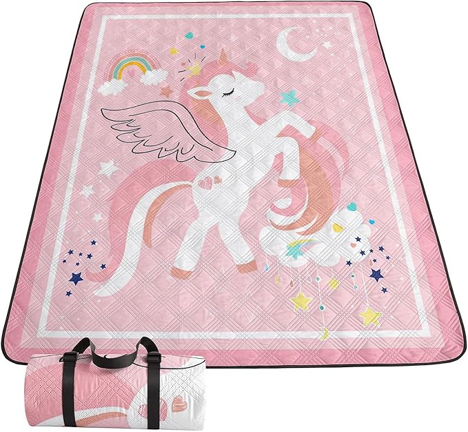 Outdoor Picnic BlanketPortable Sandproof Waterproof Picnic MatPink Unicorns Printed Camping Beach Mat for Sand and Wet Grass Hiking (Pink Unicorns S)