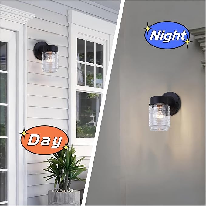 WISBEAM Smart Black Outdoor Wall Lights for House Jelly Jar Outside Light Fixture for Porch Patio Entryway Anti-Rust Waterproof Wall Mount Exterior Sconce E26 Base Bulb Not Included 2 Pack