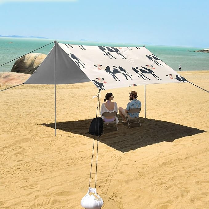 Cow Pattern Beach Tent Sun Shelter 9.2' x 10.5' Beach Canopy with 4 Sandbags 4 Stability Poles Sand Shovels - Tent Canopy for Beach Camping Fishing Picnics