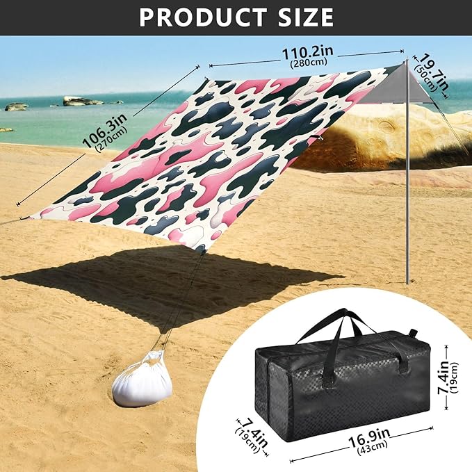 ALAZA Pink &amp Black Cow Prints Beach Tent Sun Shelter UPF50+ Protection Beach Shade Canopy w/ 4 Sandbags for Outdoor Camping Fishing Backyard Fun Picnic 10x9 ft