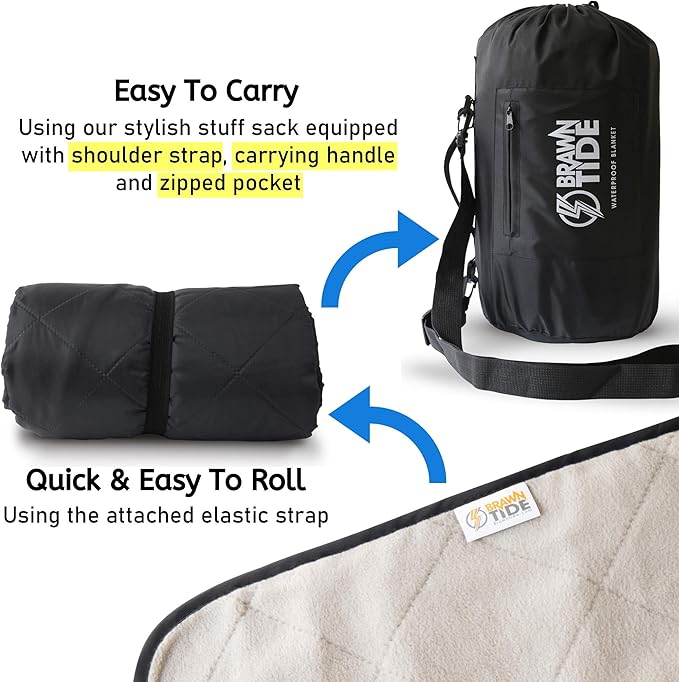 BRAWNTIDE Large Outdoor Waterproof Blanket - Extra Thick Fleece Warm Windproof Sandproof Quilted 82 x 55 Ideal for Beaches Picnics Camping Stadiums Dogs Car