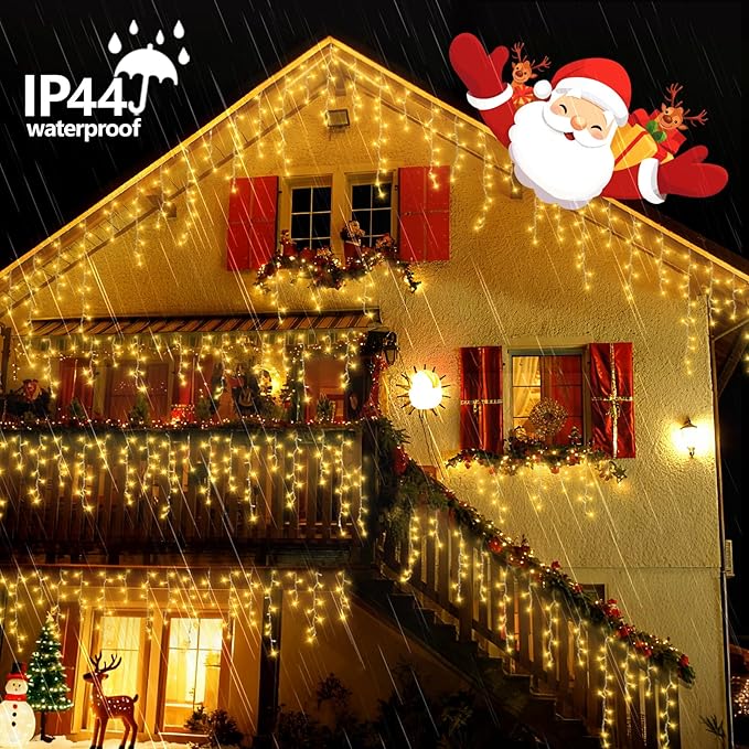 YEGUO 66ft 800 LED Icicle Lights Outdoor 160 Drops Icicle Christmas Light Connectable 8 Modes Warm White Xmas Icicle Lights with Memory Timer