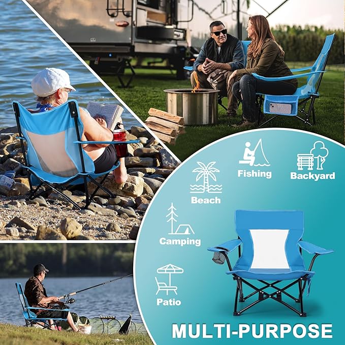 Joyfair Beach Camping Chair (2 Pack) Outdoor Folding Lawn Chair for Adults Heavy Duty Portable Chair with Armrest for Outside Fishing Sport Patio Cup Holder &amp Storage Pocket Carry Bag (Blue)