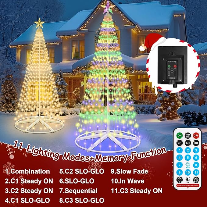 8Ft Solar Powered Christmas Cone Tree Lights with 444LEDs &amp Star Topper Remote Control 11 Modes Dimmable IP65 Waterproof Timer for Indoor Outside Yard Holiday Decoration Warm White &amp Mul