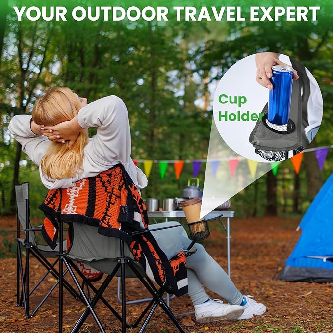 2 Pack Portable Camping Chairs Folding Lawn Chair Outdoor Lightweight Beach Chair with Cup Holder &amp Carry Bag for Outside Sports Fishing Hiking Travel Picnic Backyard (Grey Medium)