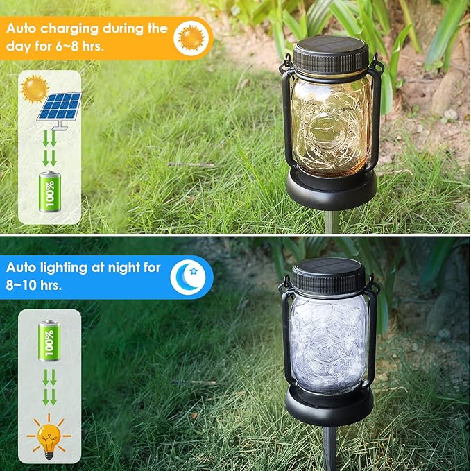 Mlambert Cool White 4 Pack Solar Hanging Mason Jar Lights with Stakes Waterproof Decorative 30 LEDs Outdoor Solar Lantern Lamp Patio Garden Tree Yard