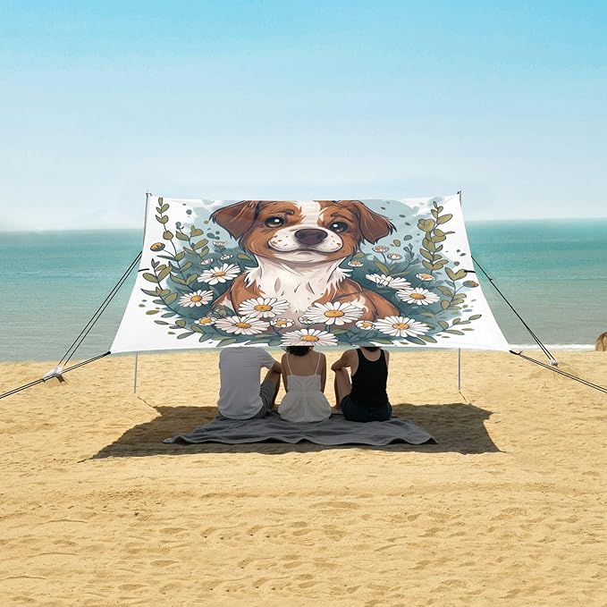 ALAZA Daisy Dog Cartoon Beach Tent Sun Shelter UPF50+ Protection Beach Shade Canopy w/ 4 Sandbags for Outdoor Camping Fishing Backyard Fun Picnic 10x9 ft