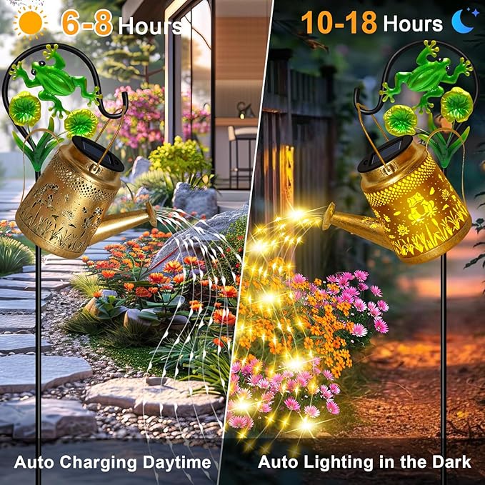 Solar Lanterns Outdoor Garden Decor Mothers Day Gifts for Women Mom Grandma Birthday Large Frog Hanging Watering Can with Shepherd Hook Waterproof Garden Lights for Outdoor Yard Christma Gifts