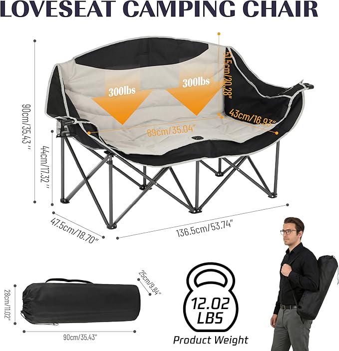 SunSettler Double Camping Chairs High Back Double Camp Chair Oversized Camping Chair Camping Couch with Cup Holders Carry Bag