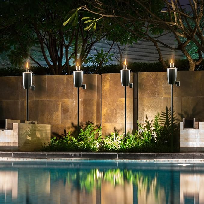 Matney Stainless Steel Outdoor Torches - Decorative Garden &amp Yard Lights - 5 ft Oil Lamp for Citronella - Fiberglass Wick &amp Snuffer Cap - Set of 4 (Cylinder)