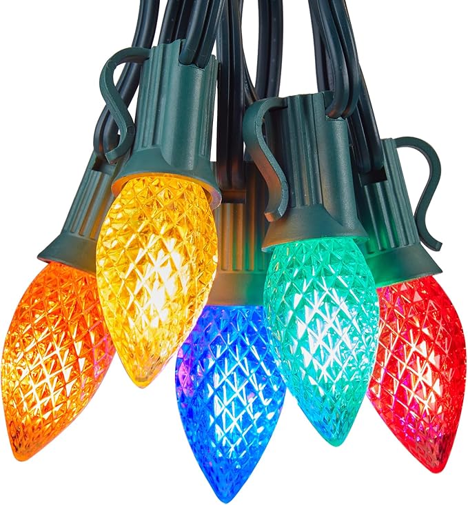 Multicolor C7 LED Christmas Lights Outdoor 100FT Colorful Christmas String Lights with 100+4 Plastic Bulbs Traditional Hanging Holiday Lights for Christmas Tree Patio Fence Roofline Xmas Decorations