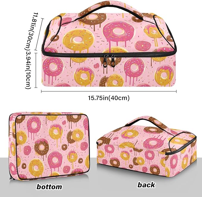 Casserole Carrier Pink DoughnutInsulated Casserole Carrier for Hot or Cold Food Thermal Lunch Tote for Potluck Parties Picnic Beach Fits 9 x 13 Inches Baking Dish