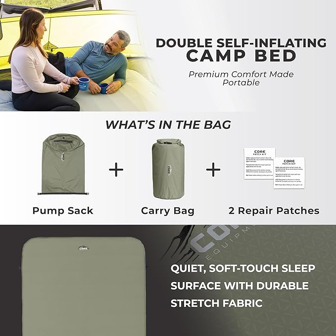 CORE Double Self Inflating Camping Bed | Perfect Blow Up Mattress for Travel Car Camping &amp Outdoor Use | Air &amp Foam Filled Inflatable Sleeping Pad for Adults