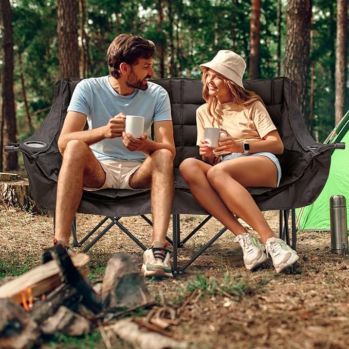 Slsy Oversized Double Camping Chair Folding 2 Person Camping Chair Loveseat Fully Padded Duo Chair Camping Couch Fold Up Double Camp Chair Lawn Chairs Camping Bench with Carrying Bag