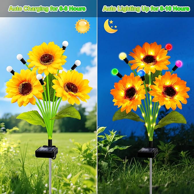 Solar Garden Lights-4 Pack Solar Sunflowers with Multicolor Changing Swaying Firefly LightsGifts for Mom Women Mothers Day BirthdayWaterproof Firefly Sunflower Light for Outdoor Patio Yard Decor