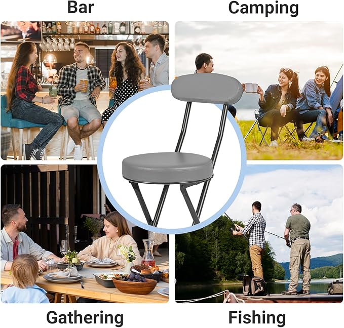 Cushioned Padded Folding Stools Folding Bar Stool with Backrest 220lb Capacity 19 Inch Collapsible Round Portable Foldable Chair for Outdoor Indoor Kitchen Camping Fishing (Grey 2 Pack)