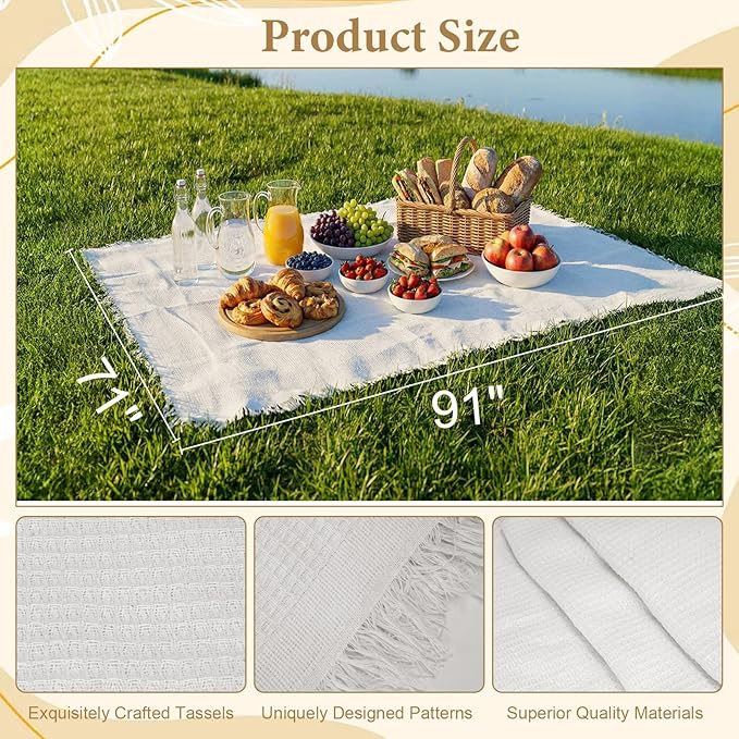 91 x 71 Inch Large White Picnic Blanket Outdoor Picnic Blanket with Fringe Soft Cotton Woven Blanket Picnic Lightweight Foldable Blanket Picnic for Beach Park Camping (White Grid Pattern)