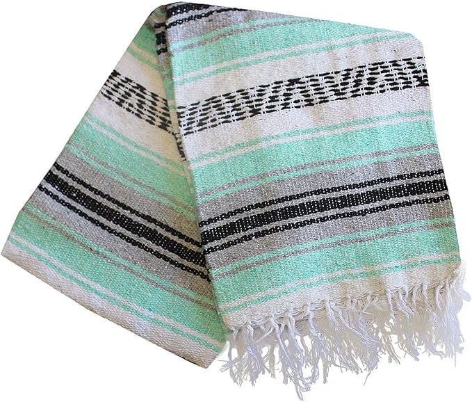 Del Mex Classic Mexican Blanket Large Authentic Woven Falsa Throw (70x50) Artisan Southwest Décor for Beach Yoga Outdoors (Mint/Gray)