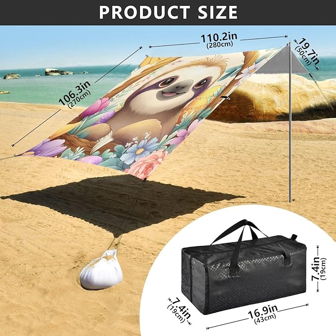 Bolaz Beach Canopy Tent Sun Shade9'×10.5' Large Family Beach Shade UPF50+- Outdoor Shade for Camping Trips FishingSloth Basket Flower