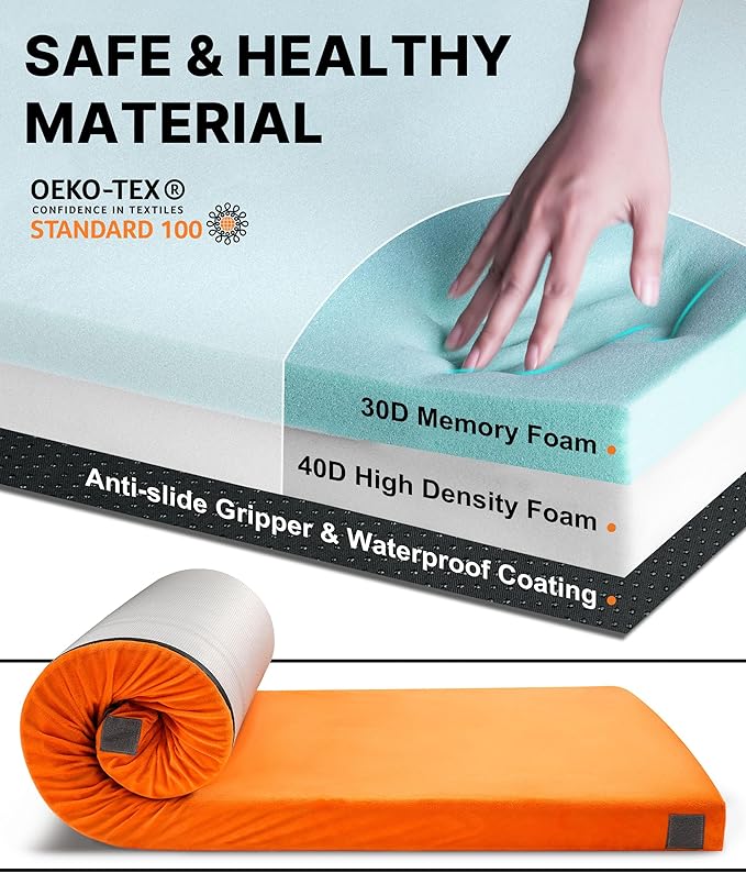 3 Inch Memory Foam Camping Mattress Dual Layer Thick Sleeping Camp Pad for Car Tent Cot Roll-Up Portable Glamping Floor Bed for Guests Sleepover