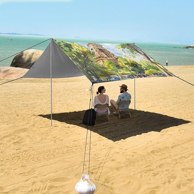 ALAZA Eiffel Tower Watercolour Beach Tent Sun Shelter UPF50+ Protection Beach Shade Canopy w/ 4 Sandbags for Outdoor Camping Fishing Backyard Fun Picnic 10x9 ft