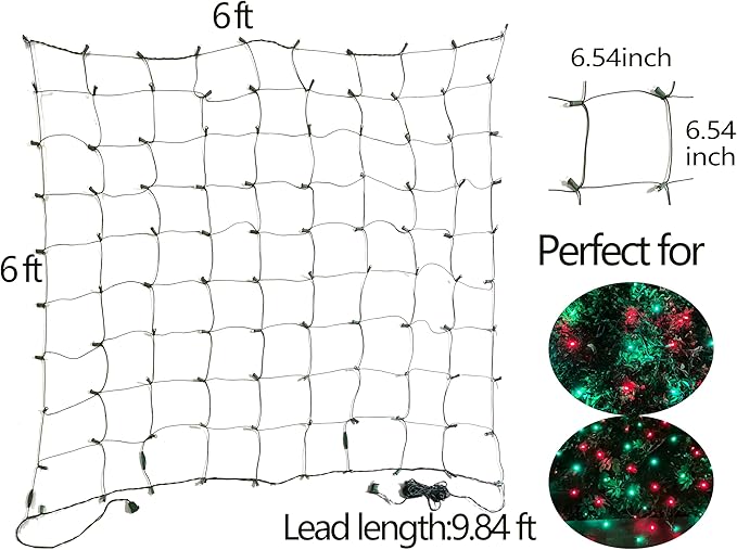 HISHINY LED Christmas Net Lights Outdoor6ftx6ft 144LED Green Wire Connectable Indoor Outdoor Bush Mesh Net Lights String for Halloween Christmas PartyShrubYardTree（Red &amp Green）