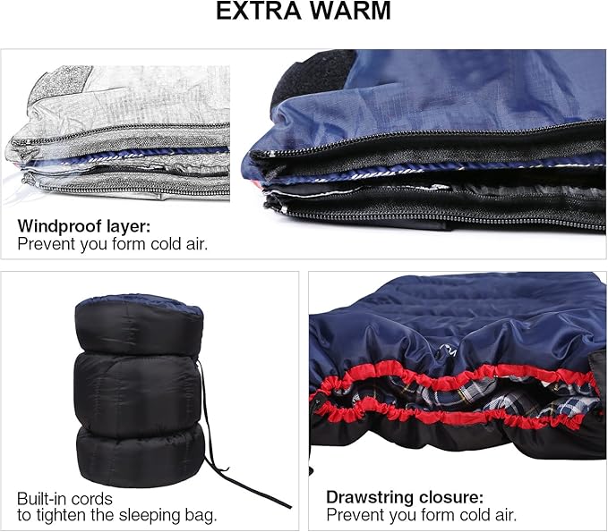REDCAMP Cotton Flannel Sleeping Bag for Camping Backpacking Adults Cold Weather Envelope Sleeping Bags with 2/3/4/6lbs Filling