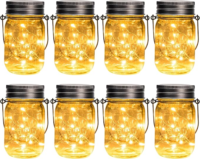 GIGALUMI Solar Mason Jar Lights 8 Pack 30 Led String Fairy Lights Garden Lights Outdoor Waterproof Hanging Solar Lanterns for Outdoor Garden Patio Lawn Balcony Decoration