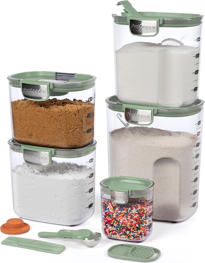 ProKeeper+ Airtight Food Storage Container Set – Clear Plastic Flour and Sugar Canister Set with Magnetic Accessories for Kitchen Organization (Pistachio 9-Piece)