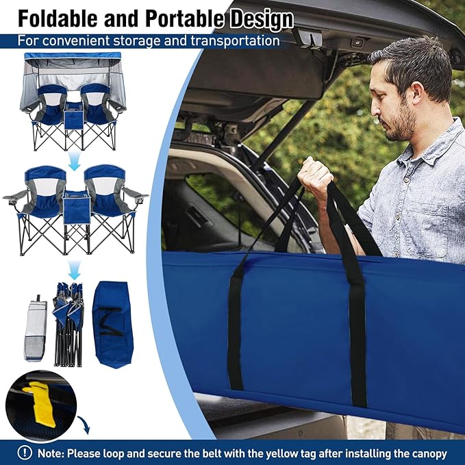 S AFSTAR Camping Chair with Canopy 2-Person Folding Beach Chair with Cup Holders 3-Side Shading Curtains &amp Cooler Bag Foldable Loveseat Lawn Chair for Camping Outdoor &amp Fishing (Navy Blue)