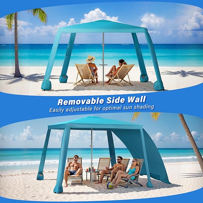 Beach Cabana-6.6x6.6’Beach Canopy with Side WallPortable Umbrella Tent with Sand Pockets for Family &amp FriendsEasy Up Beach Sun Shelter for Outdoor PatiosBackyardsand CampingBlue